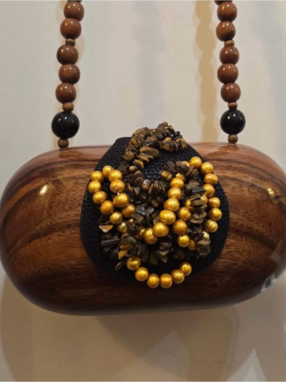 Timmy Woods***Handcrafted Wooden Clutch Bag with Gold Bead Embellishment